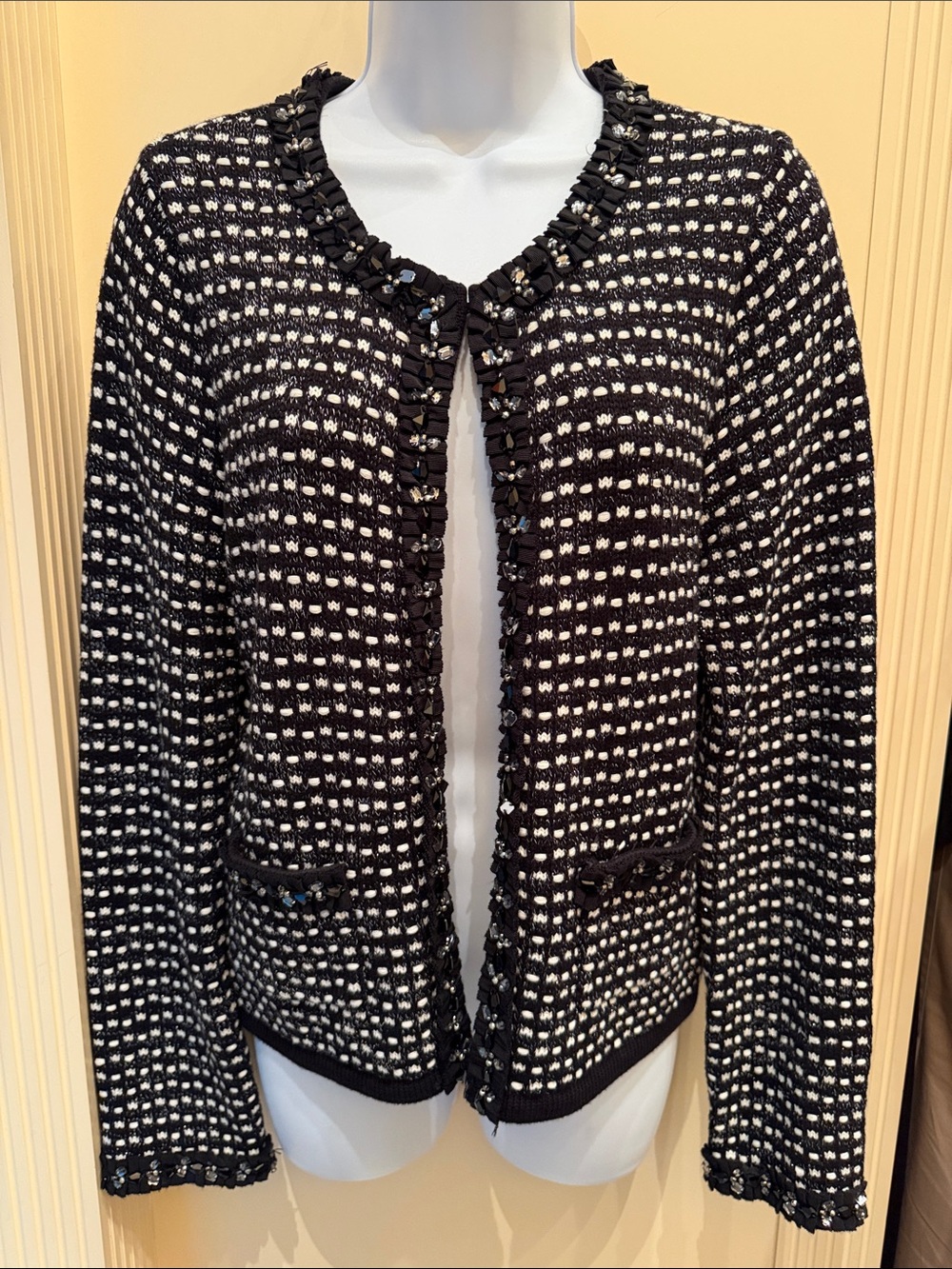 White House Black Market Embellished Tweed Sweater Jacket Medium WHBM